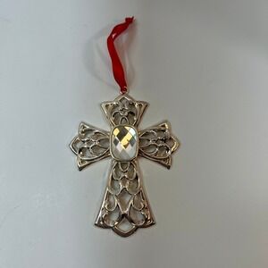 Lenox Silver Tone Metal Scroll Filigree Cross Ornament with Clear Crystal 4.25in